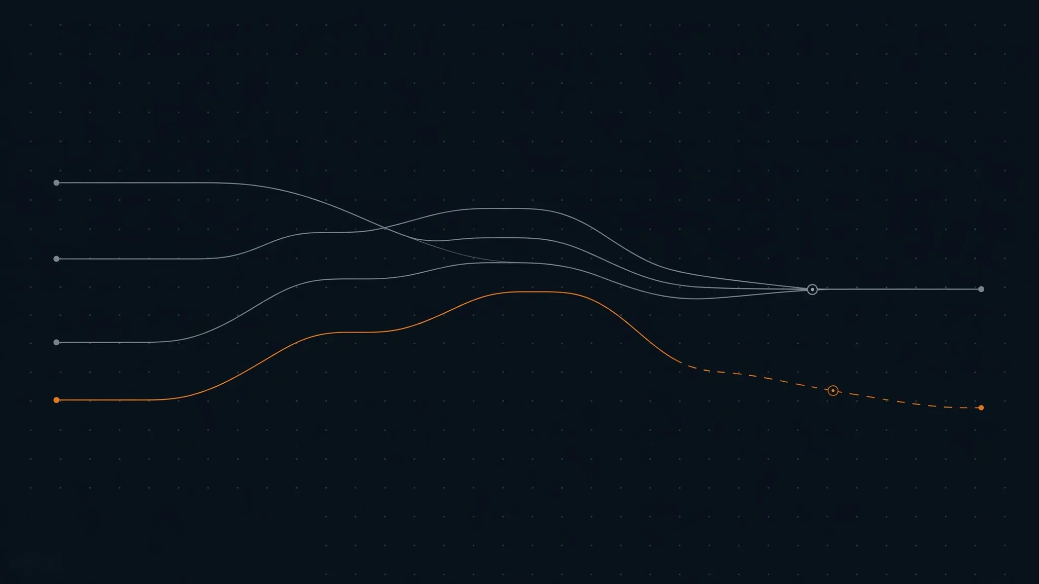Thin-line data visual of signal paths converging in agreement with one diverging trace — concept imagery, fictional data